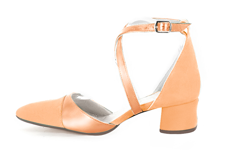 Marigold orange women's open side shoes, with crossed straps. Tapered toe. Low flare heels. Profile view - Florence KOOIJMAN